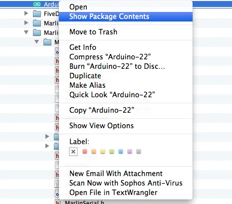 A screenshot of a right-click menu on osx show package contents