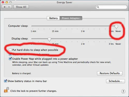 An annotated screenshot of the energy saver settings on OSX.
