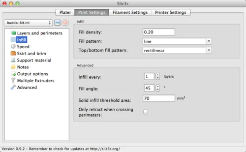 A screenshot of slic3r fill density settings