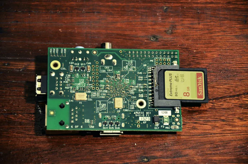 A photo of a SanDisk extreme SD card installed in a Raspberry Pi.