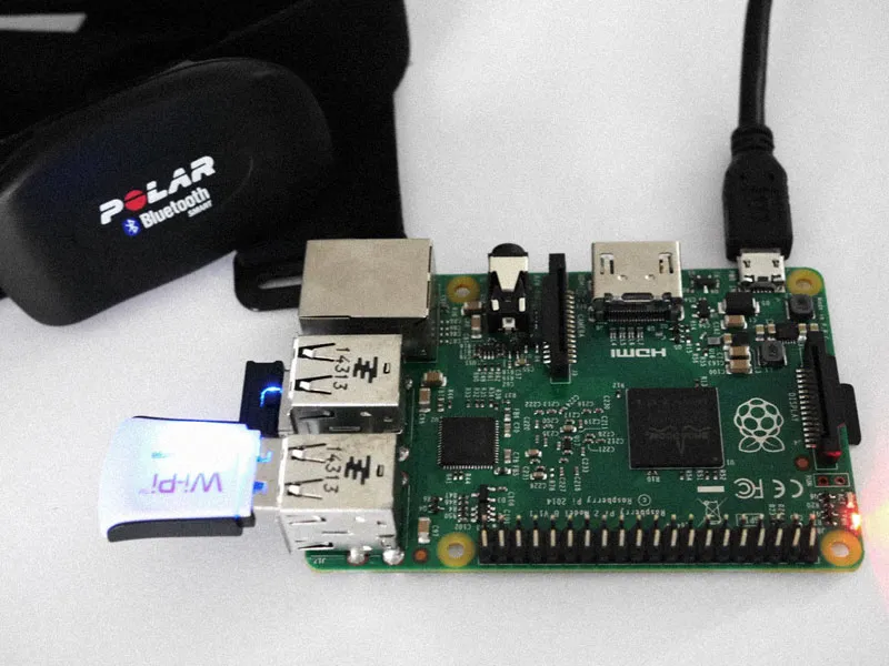 A photo of a Raspberry Pi 2 with Polar H7 heart rate monitor.