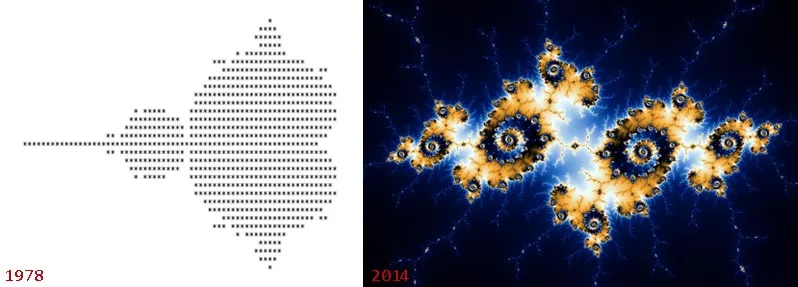 The first rendition of the mandelbrot set from 1978, and a modern rendition of the julia island.