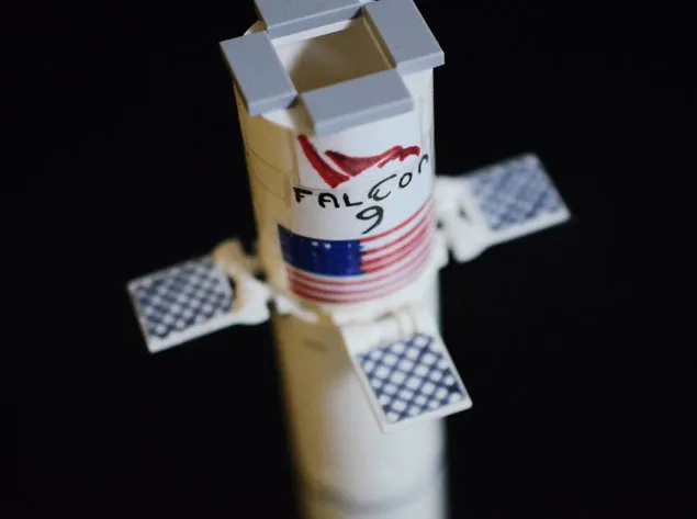 Close up of lego falcon 9 hypersonic grid fins.