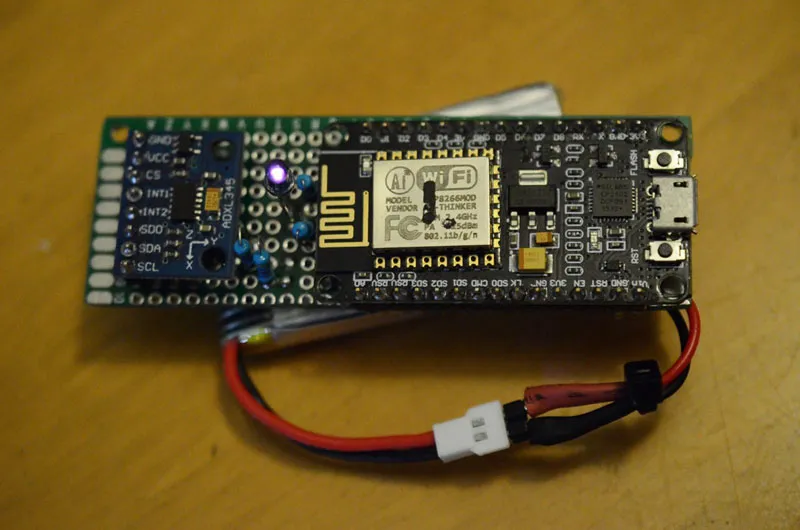A close up shot of an accelerometer and ESP8266 mounted on a small protoboard.