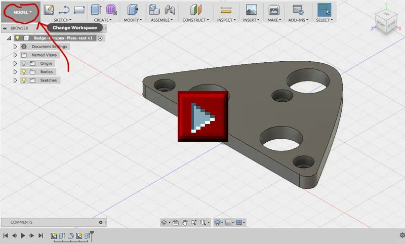 Gif animation of the steps to switch to the CAM workspace in Fusion 360.