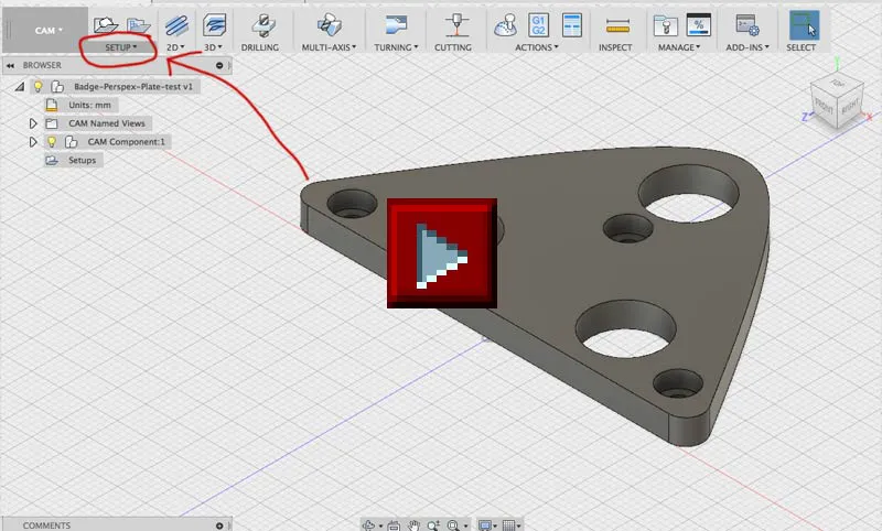 Gif animation of the steps to switch to the CAM workspace in Fusion 360.