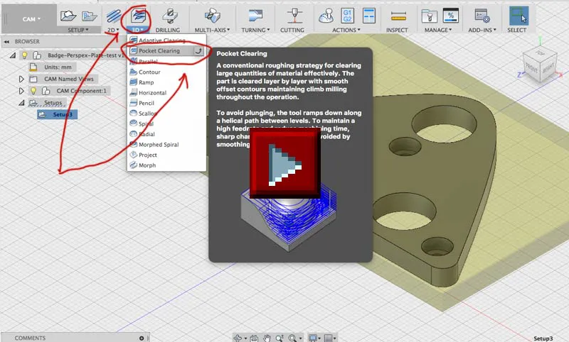 Gif animation of the steps to switch to add a 3D pocket clearing operation in Fusion 360.