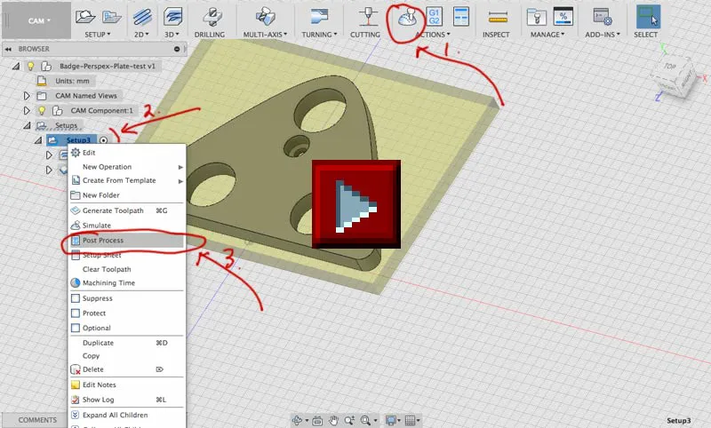 Gif animation of the steps to post process a GRBL compatible g-code file in Fusion 360.