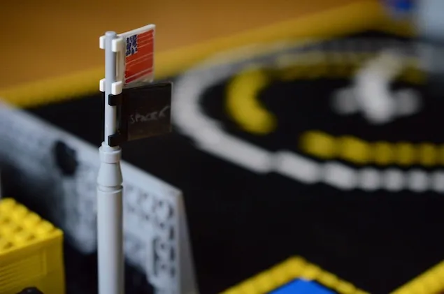 Close up of lego flags flying on SpaceX autonomous spaceport drone ship