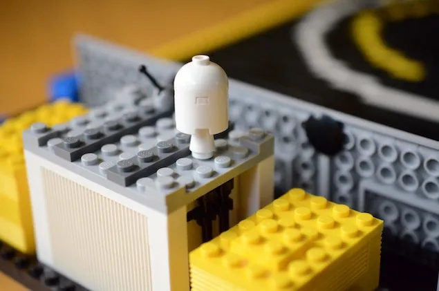 Close up of lego shipping container on SpaceX autonomous spaceport drone ship