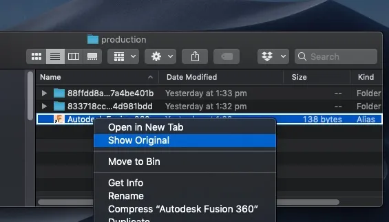 OSX Screenshot showing how to find the original executable for the shortcut