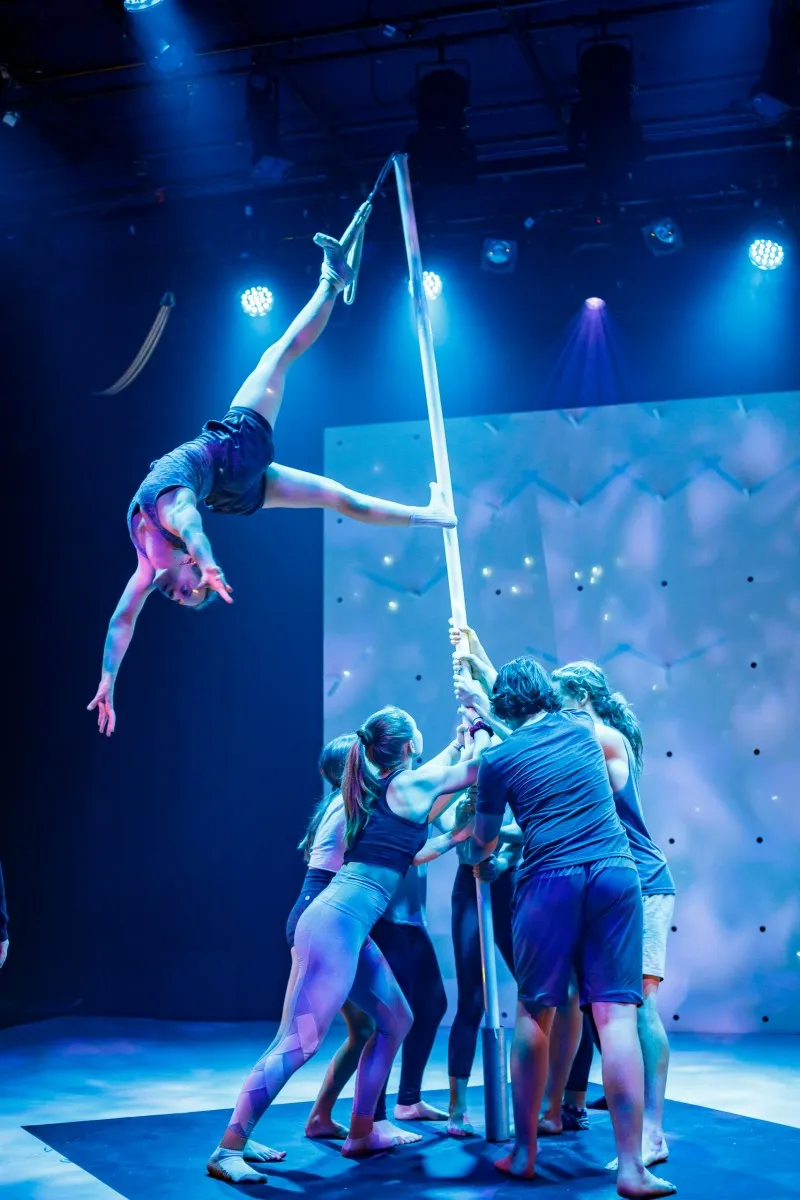 Picture of the flipside circus troupe performing Statum at the Brisbane Powerhouse.