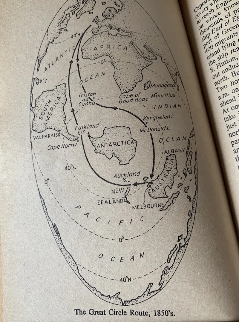 A map of the great circle route from London to Australia as published in the tyranny of distance.