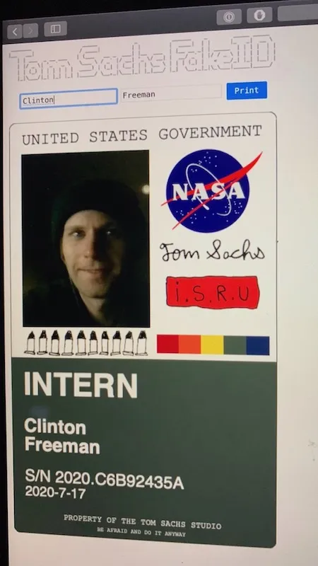 Picture of an identification pass created by the Tom Sachs FakeID generator.