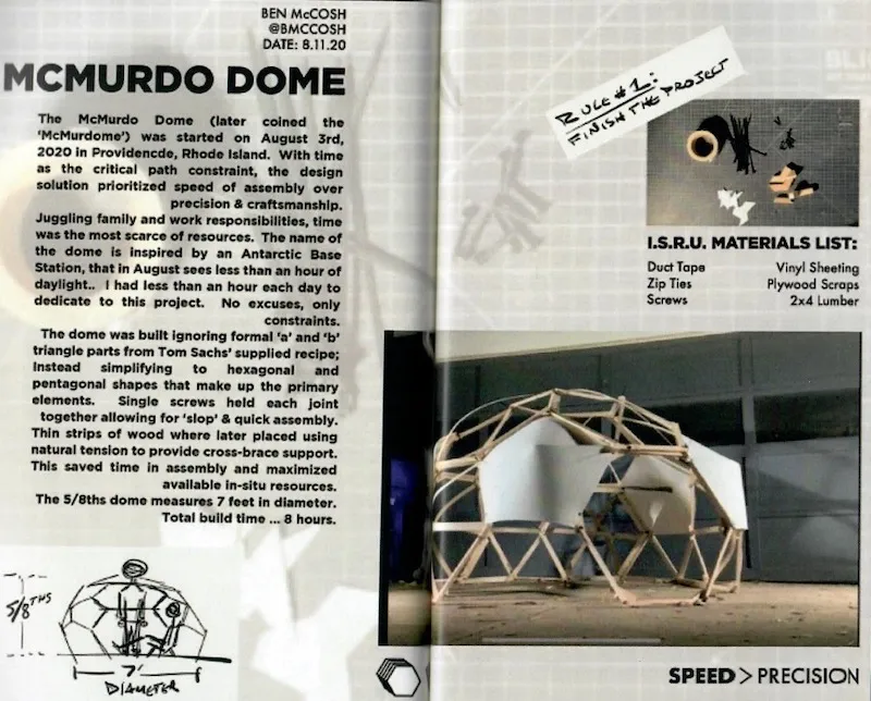A scan of a page featuring a dome constrainted by time from Tom Sachs' zine how to build a geodesic dome.