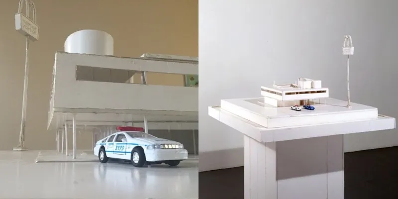 Two photos showing the McDonalds sign out front of the foamcore Villa Savoye by Tom Sachs.