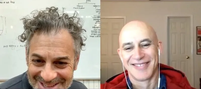 A screen capture of Tom Sachs and Tommaso Rivellini talking via video link on Instagram.