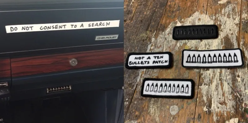 A photo of the glovebox on the caprice by Tom Sachs alongside is another photo of 4 contraband ten bullets patches.