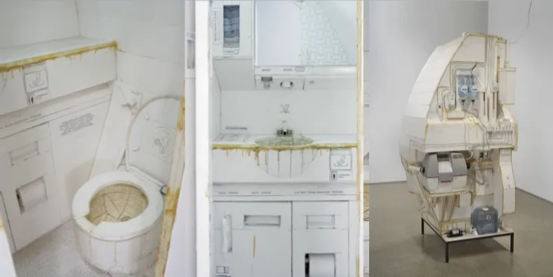 Three photos of the Lav A2 sculpture by Tom Sachs. An aircraft toilet made out of foamcore.