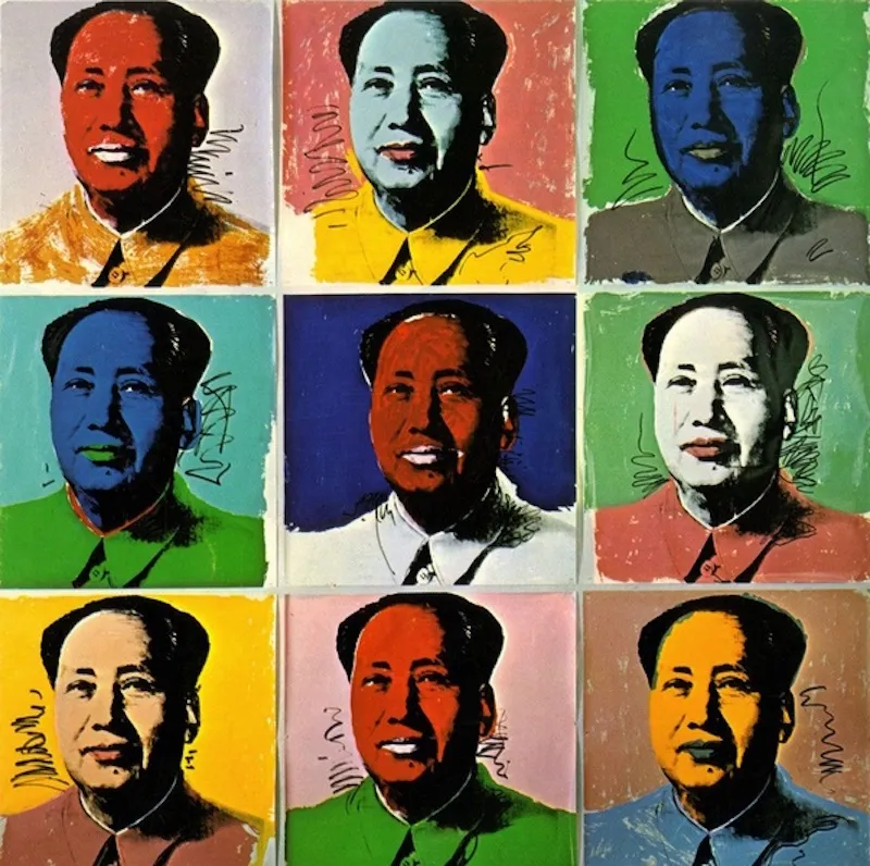A photo of a series of chairman mao screen prints by Andy Warhol.