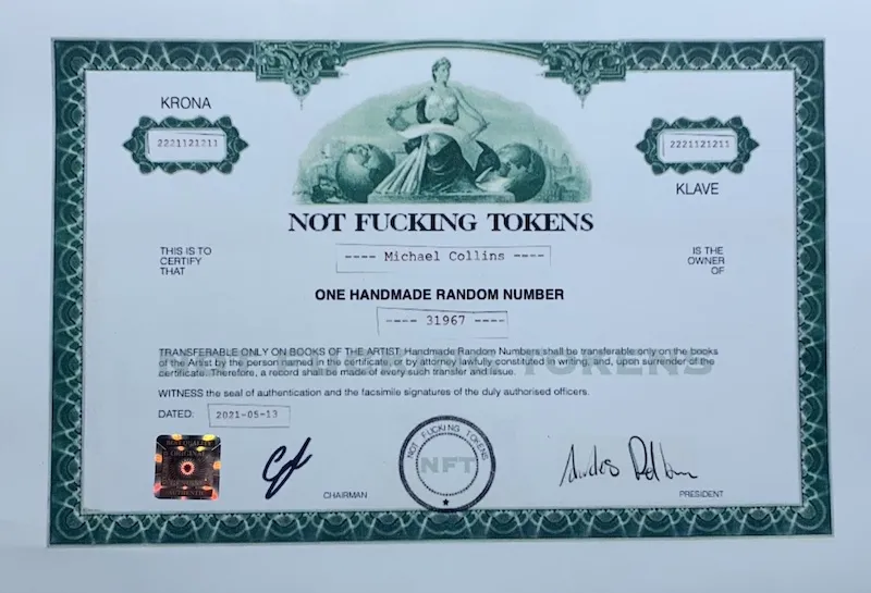 A picture of an analogue NFT certificate for a random number.