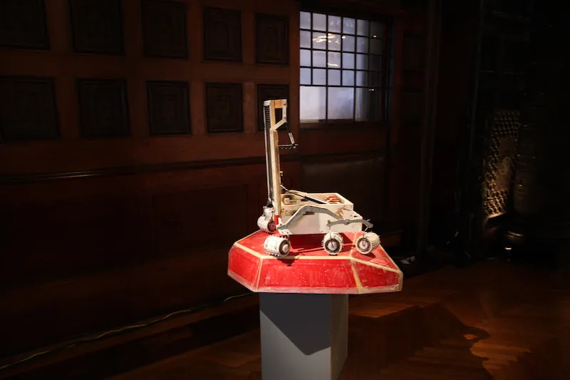 A photo of the sojourner rover sculptureconstructed by Tom Sachs.