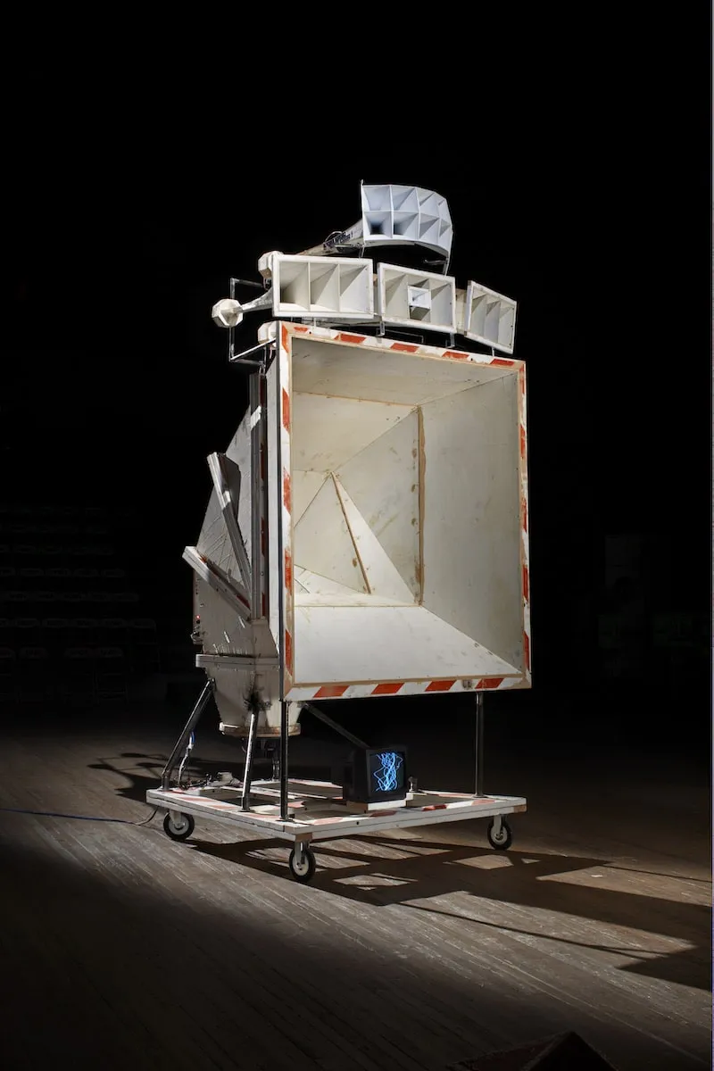 A photo of a large plywood boombox sculpture that is an element of Tom Sachs' Space Program.