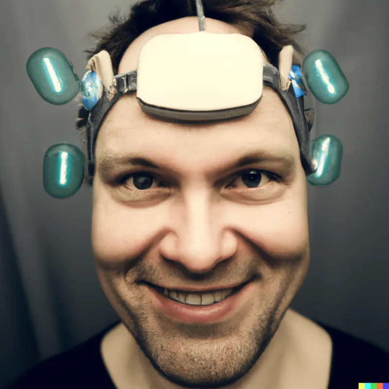 A photo of a man smiling and wearing electrodes on their head. Instagram selfie.