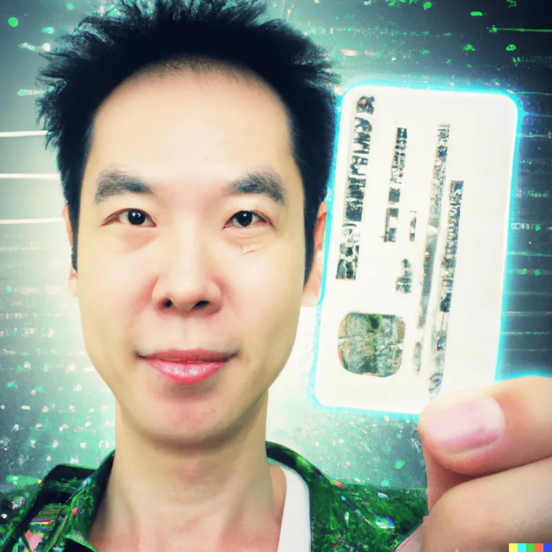 A photo of a cyperpunk passport smiling man, instagram selfie.