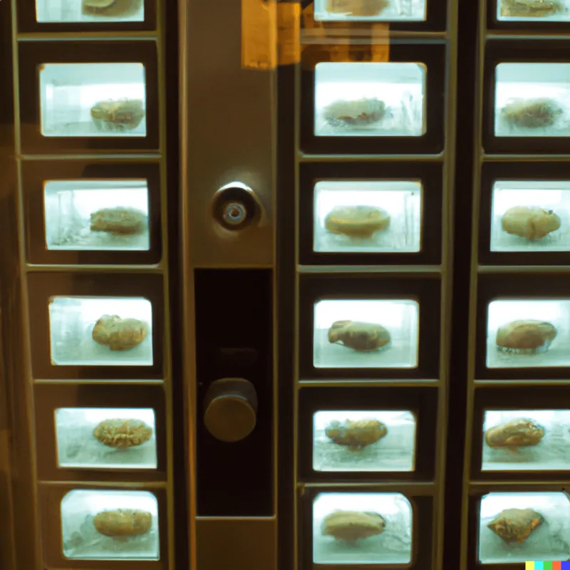 A photograph of a vending machine for molluscs framed like a Stanley Kubrick film.