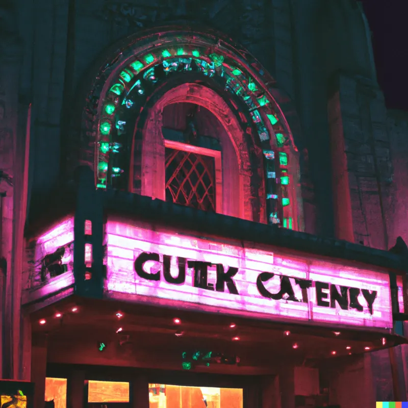 A photograph of a cyberpunk cathedral that sells lotto tickets + in chance we trust + theatre lights + neon + framed like a James Cameron film + film.