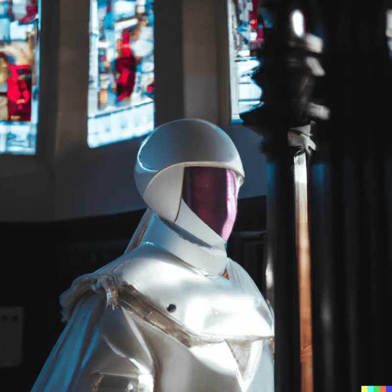 A photograph of a robot priest inside a cathedral, bathed with stained glass light + bright warm white + framed like a Wes Anderson film