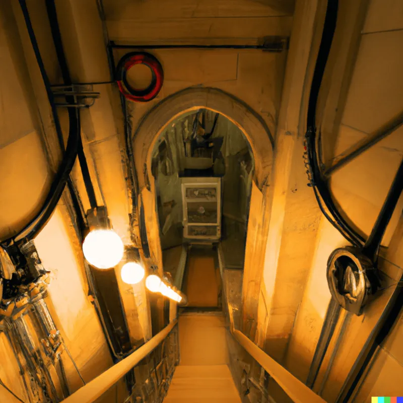 A photograph of Stairs down to a cathedral crypt with lots of wires and duct work and warm white light radiating from the bottom + framed like a Stanley Kubrick film.