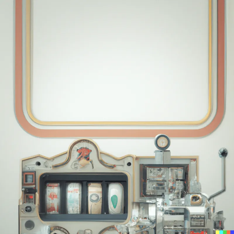 A photograph of a slot machine built into a Babbage difference engine + bright warm white + framed like a Wes Anderson film, digital art.