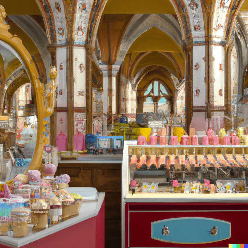 A wide photograph of a colourful ice cream stand in a cathedral gift shop, framed like a Wes Anderson film, digital art