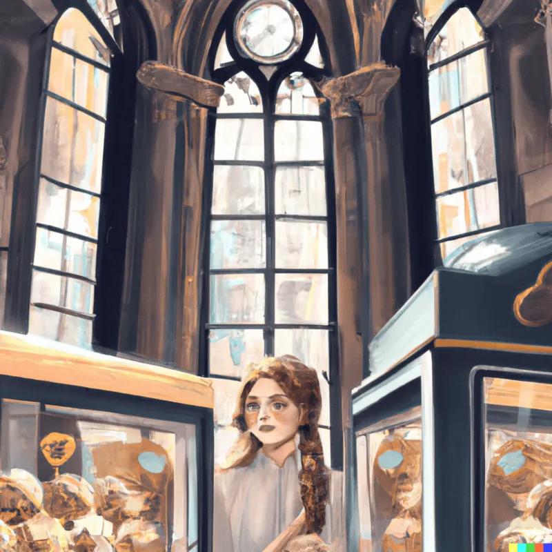A portrait of a smiling woman selling ice cream in a cathedral gift shop, framed like a Stanley Kubrick film, digital art.