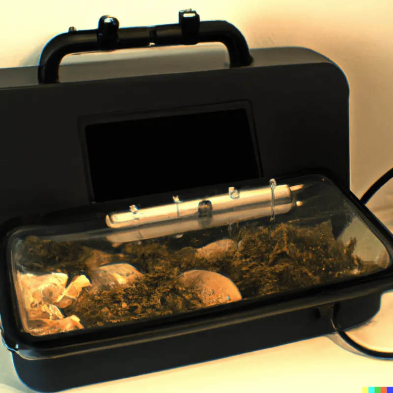 A photograph of an aquarium briefcase for molluscs with built in electronics and pipes, framed like a Ridley Scott Film, warm white.