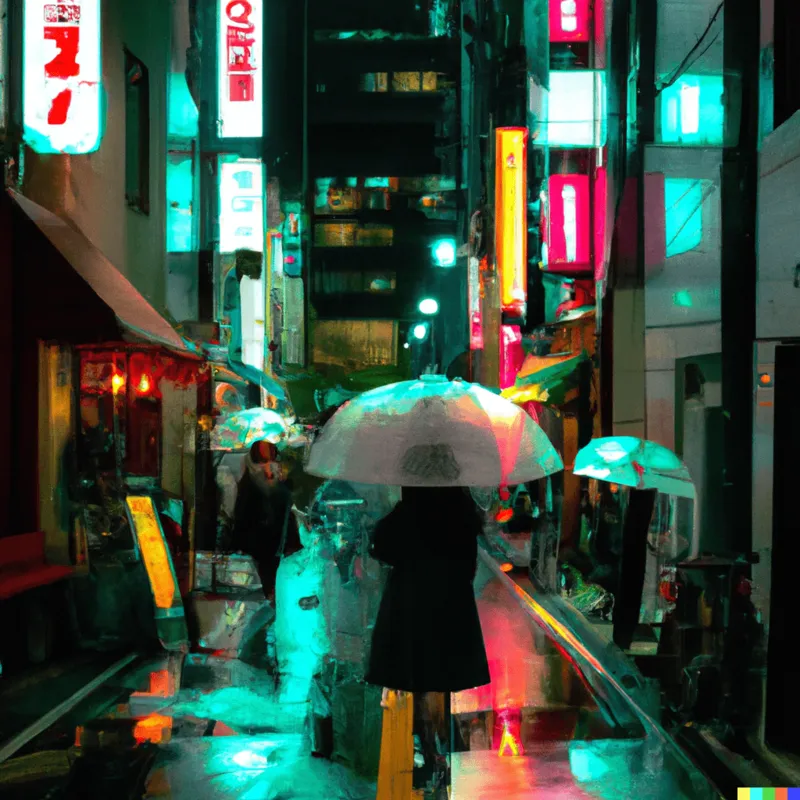 A photograph of a cyberpunk street crowded with people carrying neon umbrellas while it is raining, framed like a Wes Anderson film