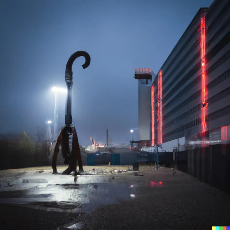 A giant cyberpunk snap hook sculpture on an empty city lot. It's dawn, raining and framed like a Christopher Nolan film