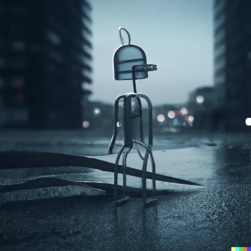 A robot paperclip standing in an empty city lot. It's dawn, raining and framed like a David Fincher film, digital art.