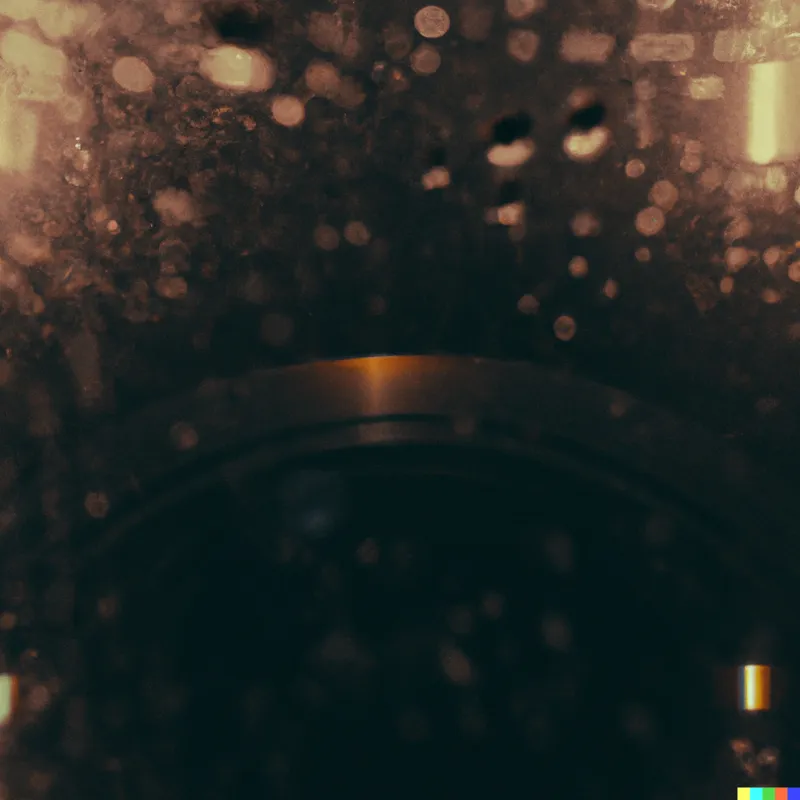 A photograph of rain falling on a cyberpunk camera lens + warm white + framed like a David Fincher film.