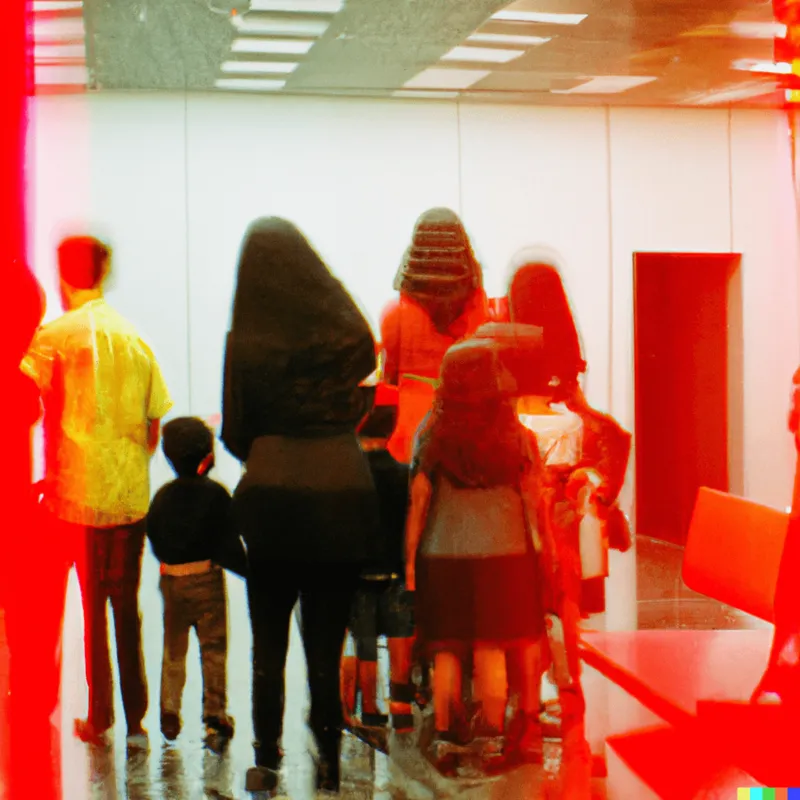 A 35MM photograph of a queue of tall people with small children, inside a cyberpunk bank, framed like a Christopher Nolan film