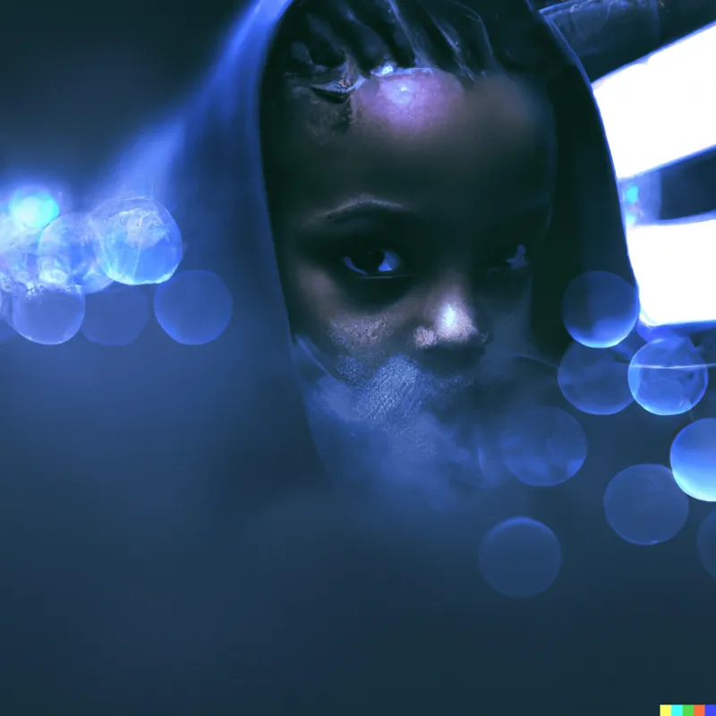 A photo of digital mist in the form of a cyberpunk child, framed like a Christopher Nolan film