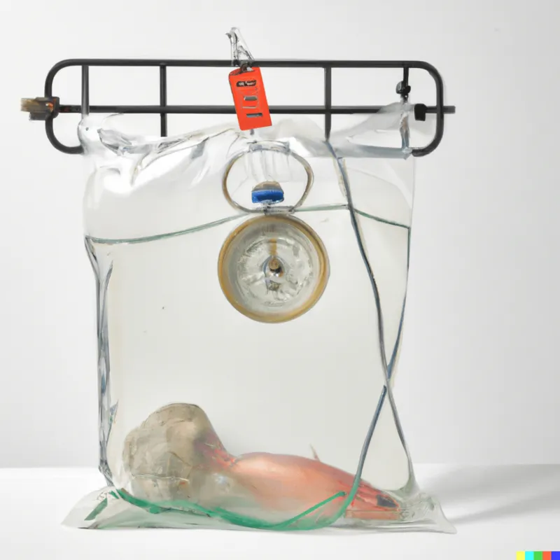 A plastic aquarium bag held in a wire metal frame with a pressure gauge and pump, frame like a Wes Anderson film