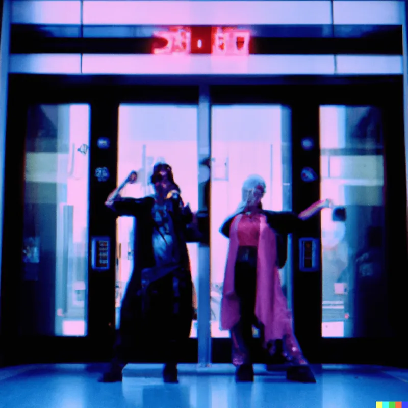 A 35mm photo of maternal cyberpunk space hippies standing in front of automatic doors, framed like a Christopher Nolan film