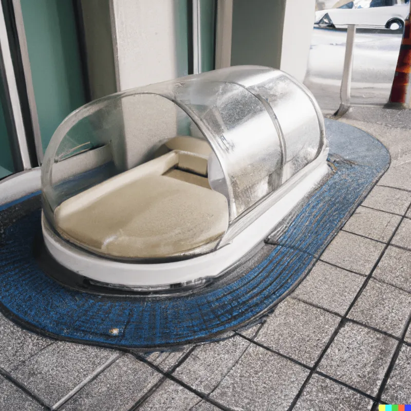 A Japanese sleeping capsule that retracts beneath the sidewalk, framed like a Stanley Kubrick movie