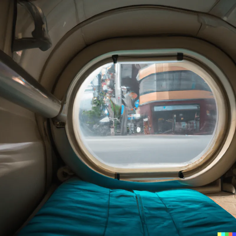The view from a Japanese sleeping capsule as it retracts beneath the sidewalk, framed like a Wes Anderson movie