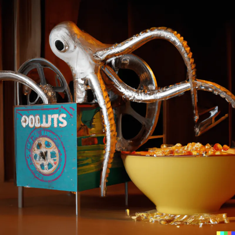 A mechanical octopus that dispenses breakfast cereal, framed as a Spike Lee film