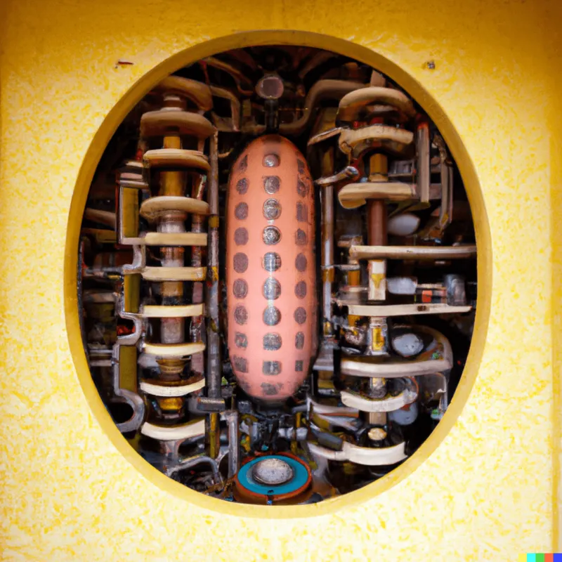 A photo of a Babbage difference engine ovum inside the womb, framed like a Wes Anderson film