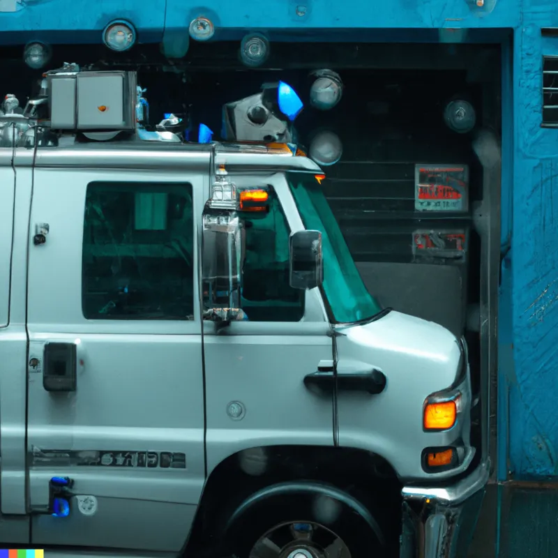  photo of an security van with built in aquarium tanks, pumps, pressure gauges and pipes. Driving down a rainy street, framed like a Quentin Tarantin